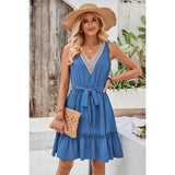 Color Block Lace V Neck Belt Sleeveless Dress