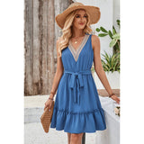 Color Block Lace V Neck Belt Sleeveless Dress