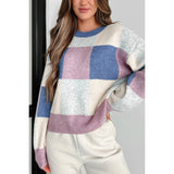 Color Block Plaid Checkered Long Sleeve Sweater