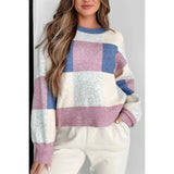 Color Block Plaid Checkered Long Sleeve Sweater