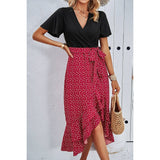 Cross Color Block Lace V Neck Belt Print Dress