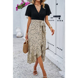 Cross Color Block Lace V Neck Belt Print Dress