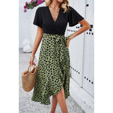 Cross Color Block Lace V Neck Belt Print Dress