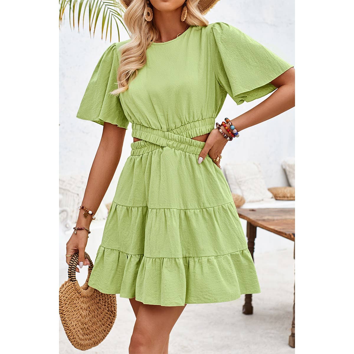 Cross Cut Out Fit Elastic Waist Ruffle Dress