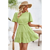 Cross Cut Out Fit Elastic Waist Ruffle Dress