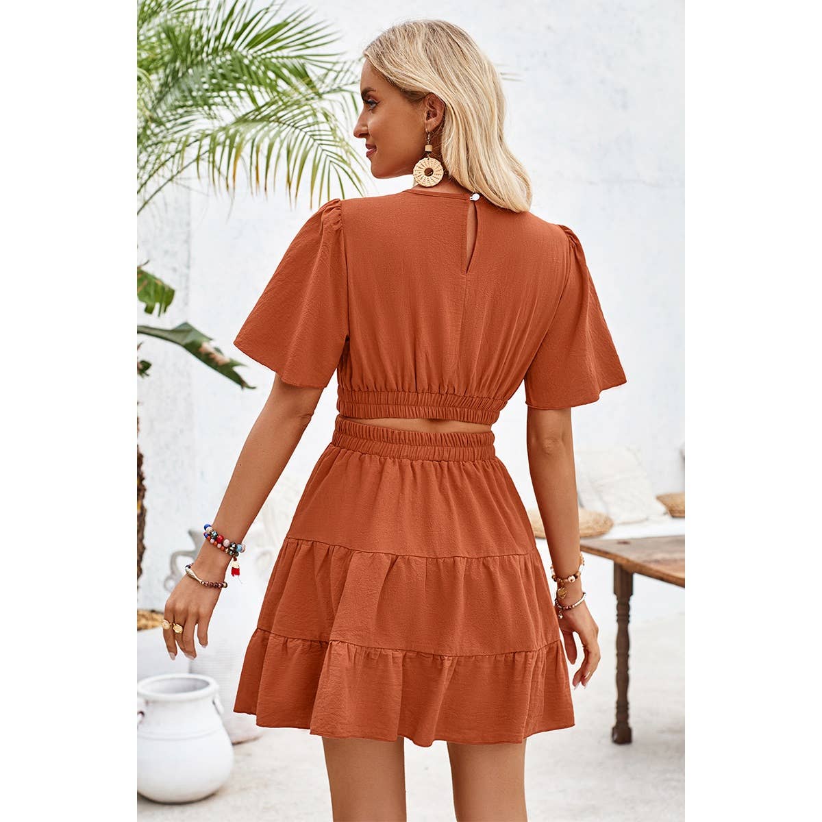 Cross Cut Out Fit Elastic Waist Ruffle Dress