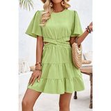 Cross Cut Out Fit Elastic Waist Ruffle Dress