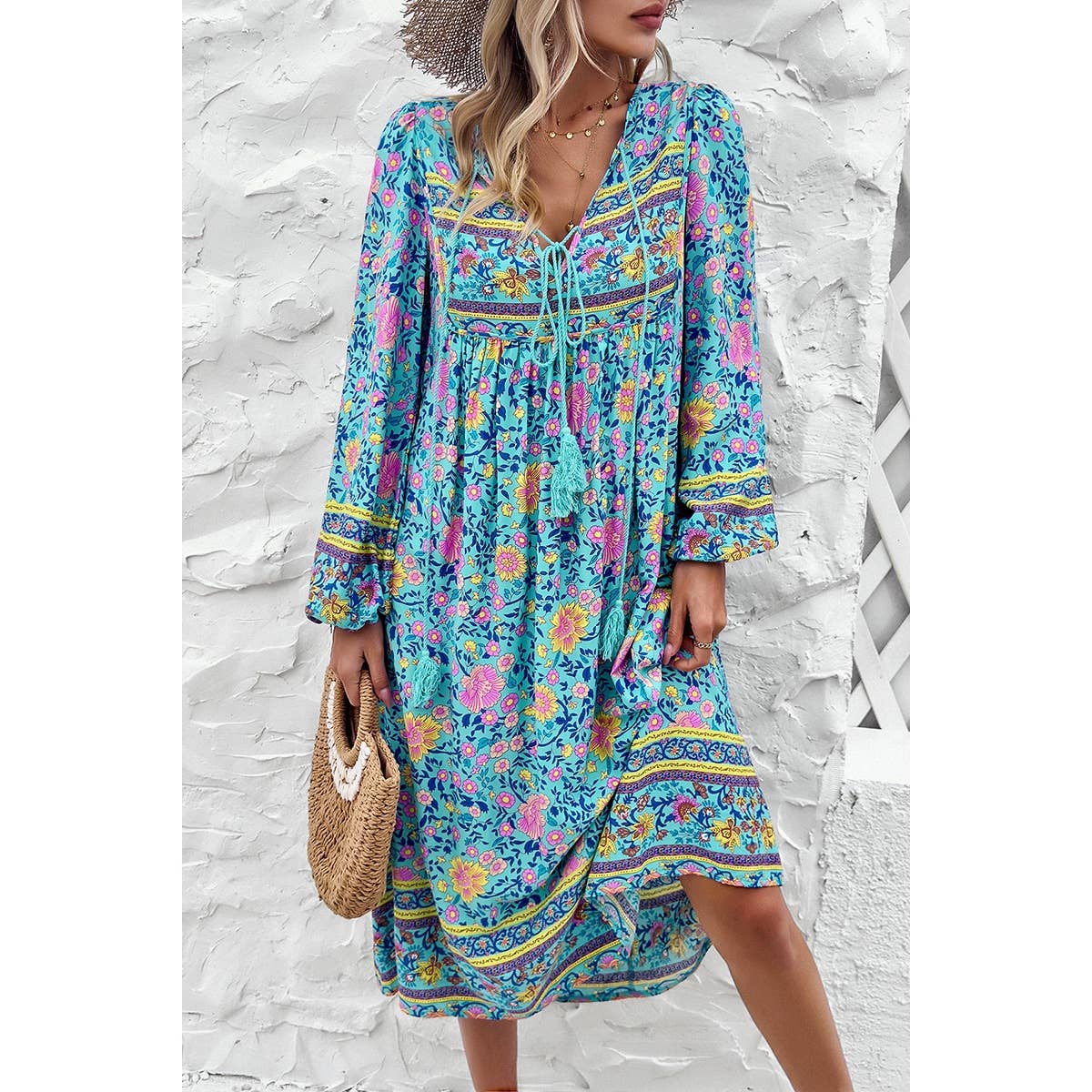 Cross Knot Floral Print Loose Fit V Neck Dress