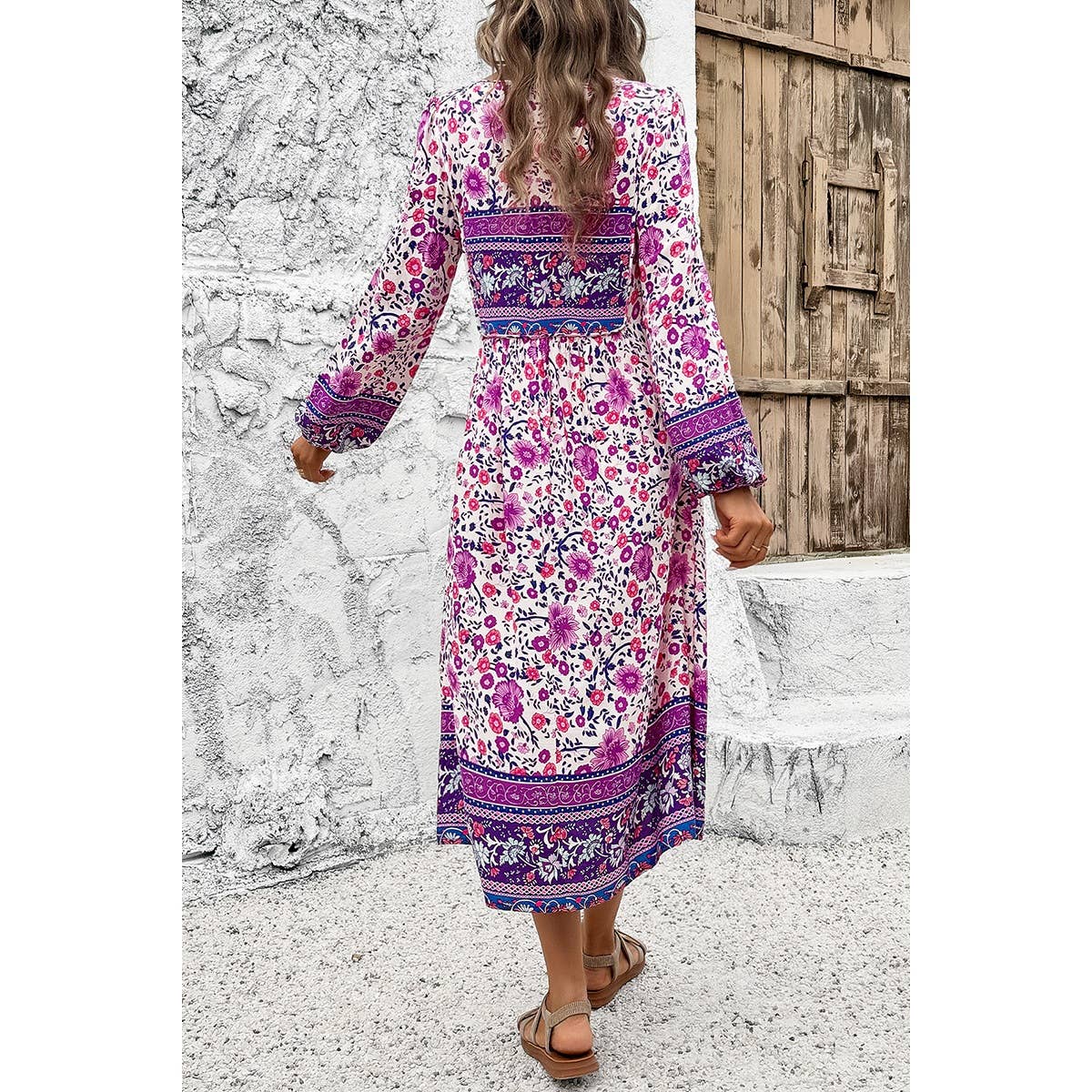 Cross Knot Floral Print Loose Fit V Neck Dress