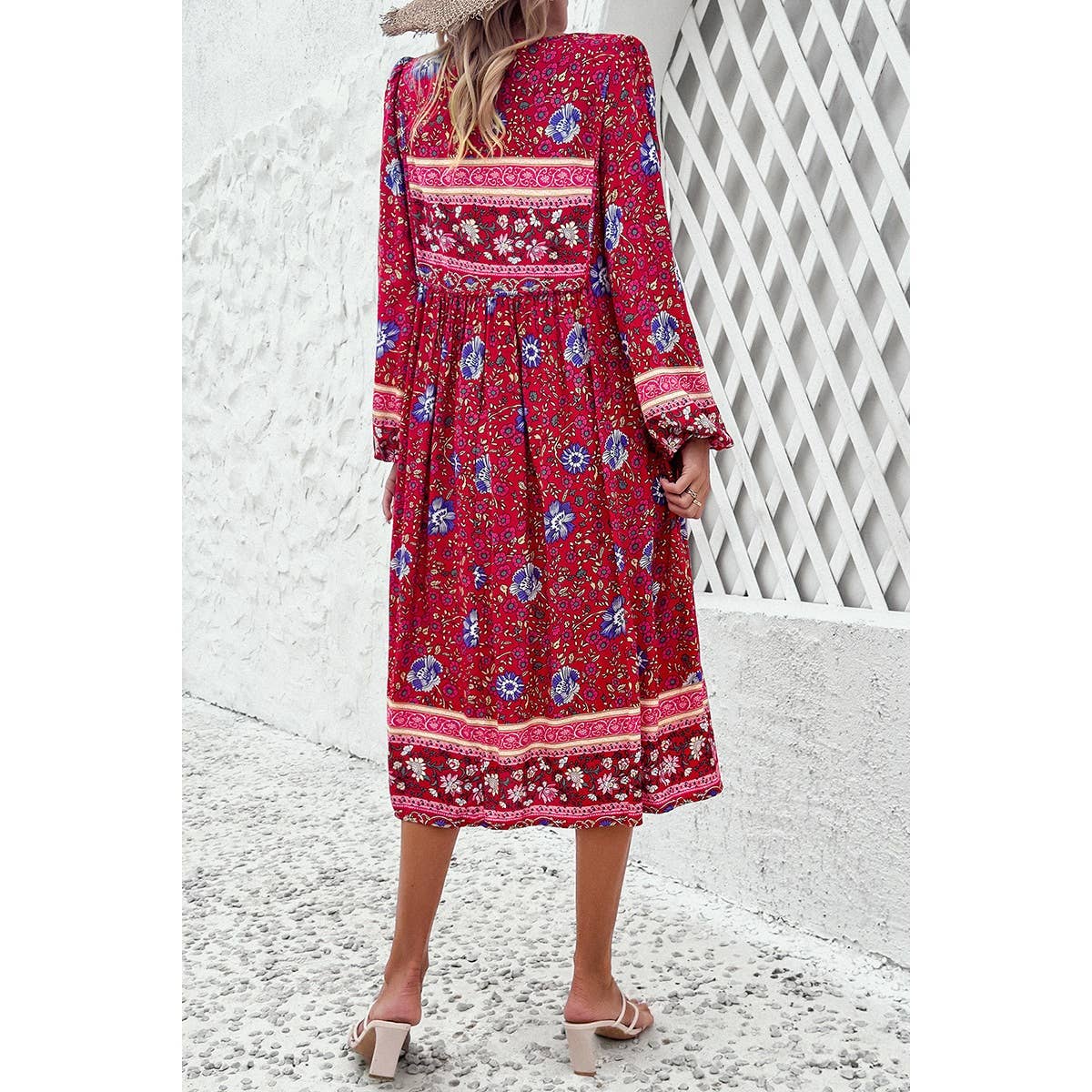 Cross Knot Floral Print Loose Fit V Neck Dress