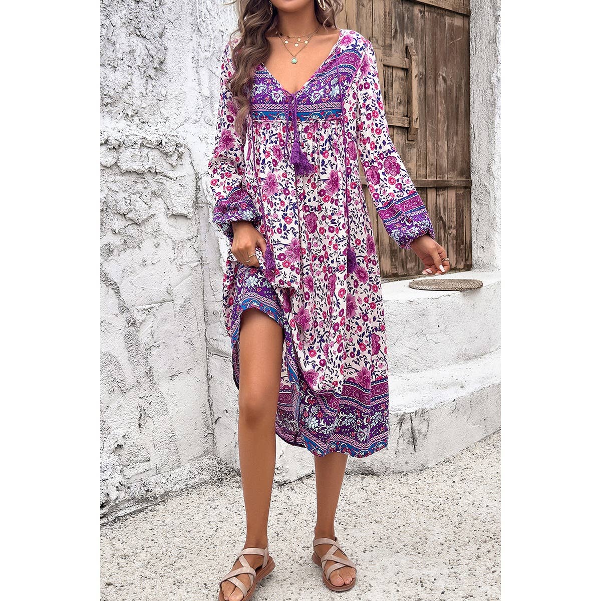 Cross Knot Floral Print Loose Fit V Neck Dress