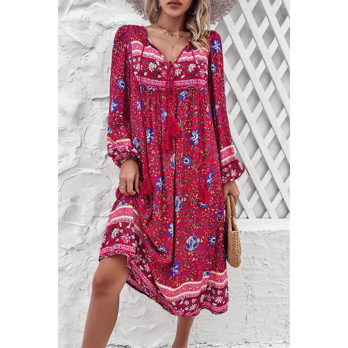 Cross Knot Floral Print Loose Fit V Neck Dress | Dress - Women's | Dress, F, floral, midi dress, new arrival | Elings