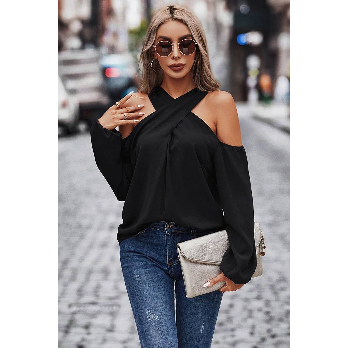 Cross Open Shoulder Solid Loose Fit Button Blouse - Elings