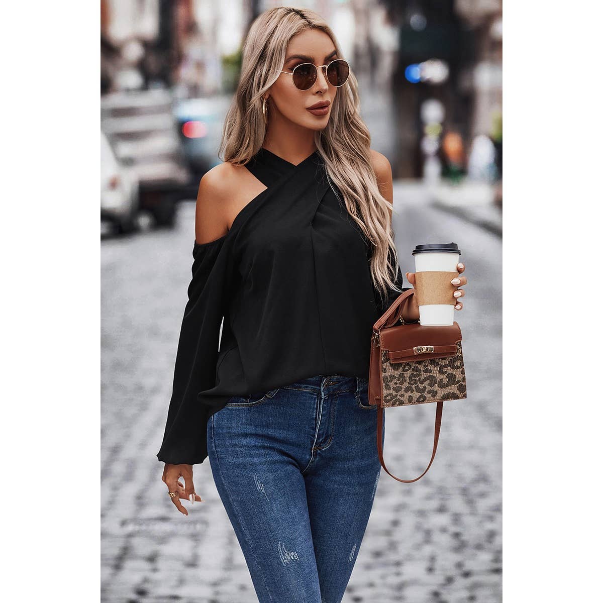 Cross Open Shoulder Solid Loose Fit Button Blouse - Elings