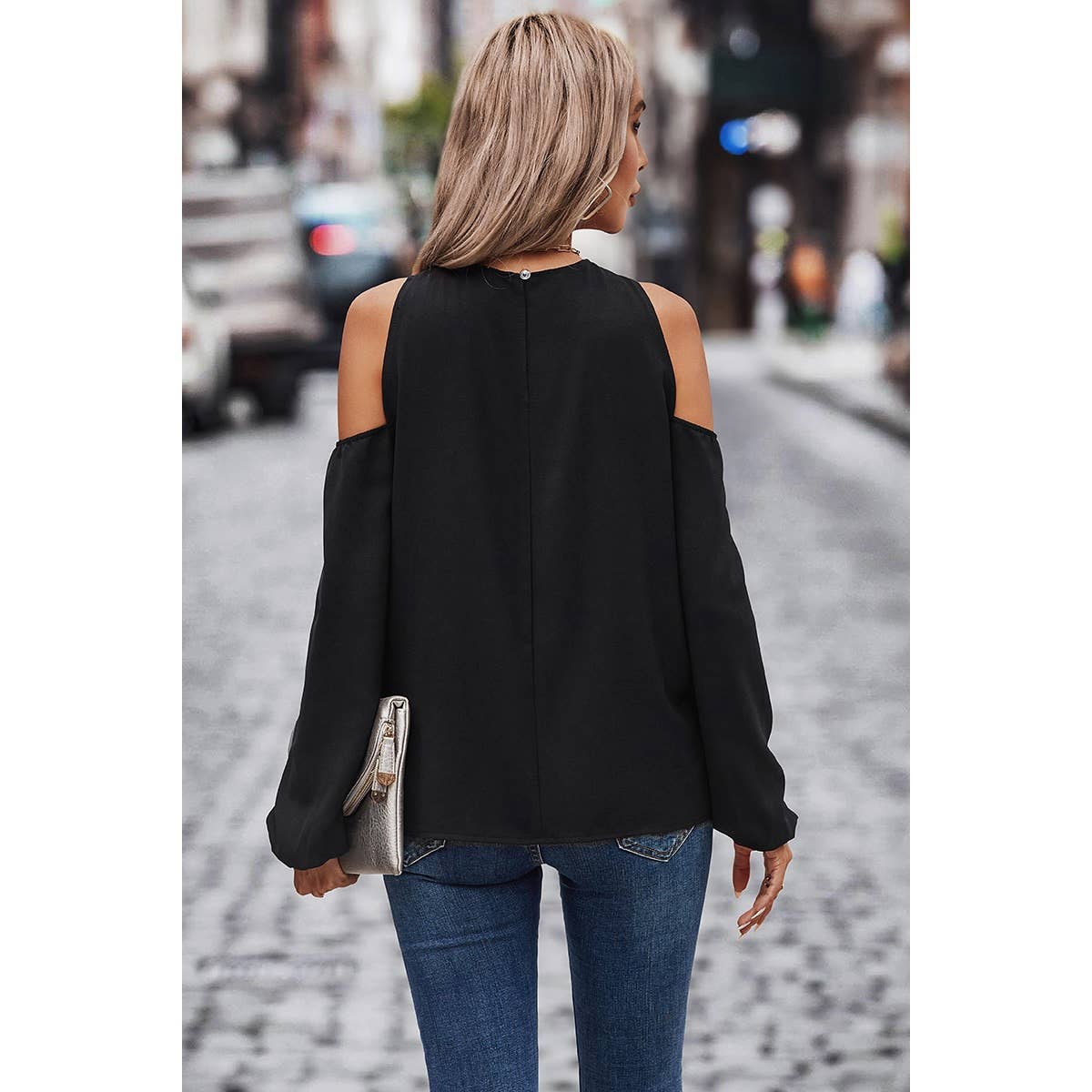 Cross Open Shoulder Solid Loose Fit Button Blouse - Elings