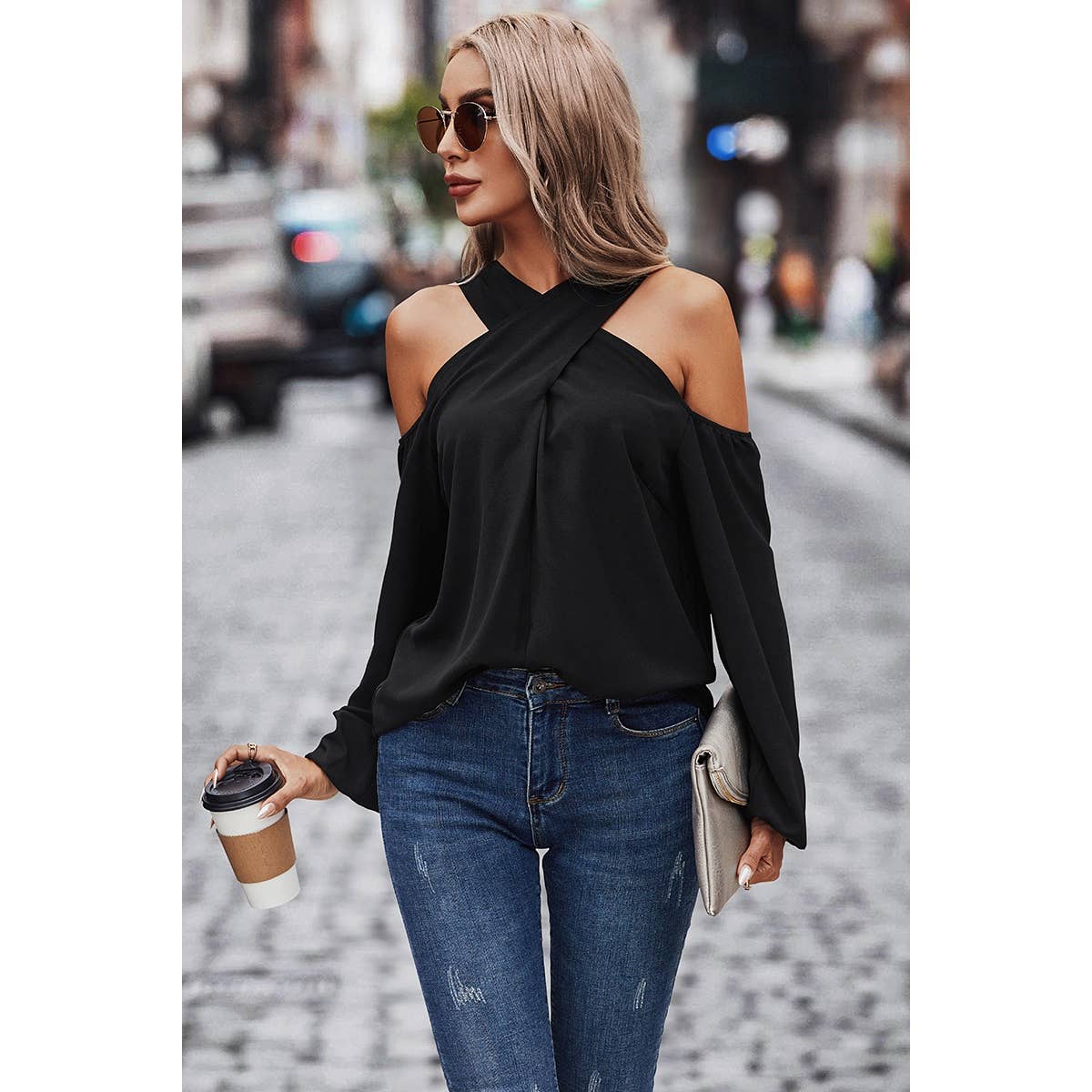 Cross Open Shoulder Solid Loose Fit Button Blouse - Elings