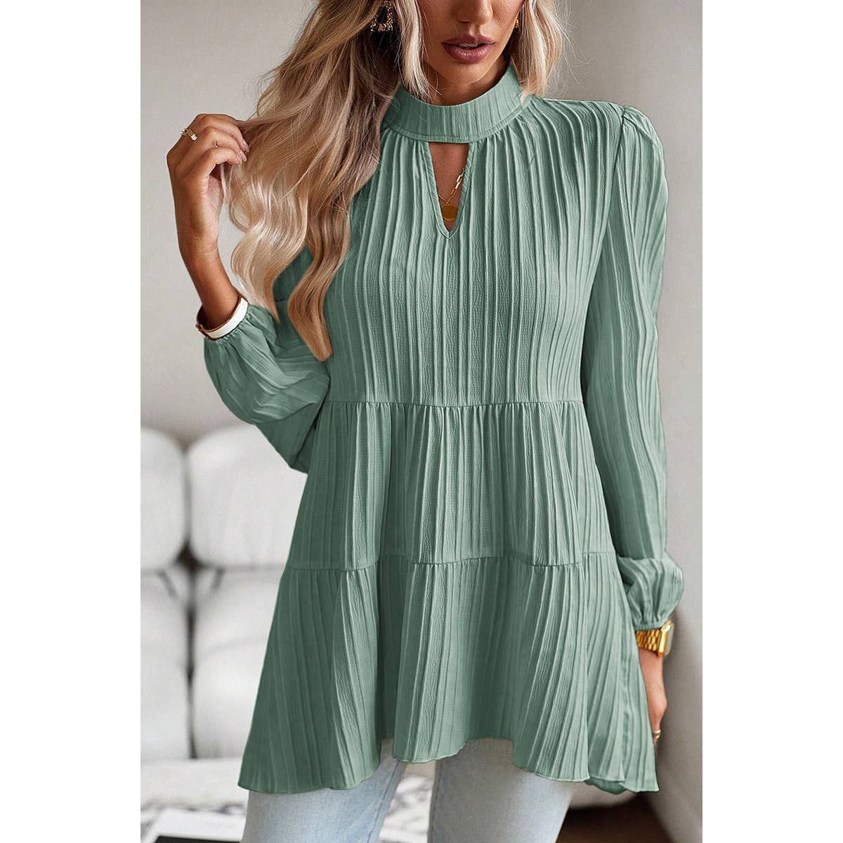 Cut Out Ruched Solid High Neck Loose Fit Top - Elings