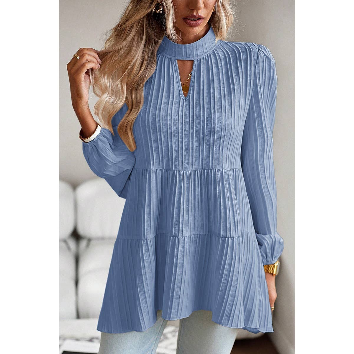 Cut Out Ruched Solid High Neck Loose Fit Top - Elings