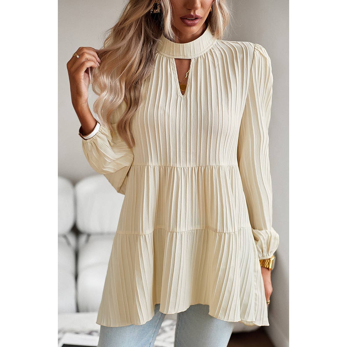 Cut Out Ruched Solid High Neck Loose Fit Top - Elings