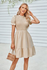 Ruffled Neck Puff Sleeve Dress