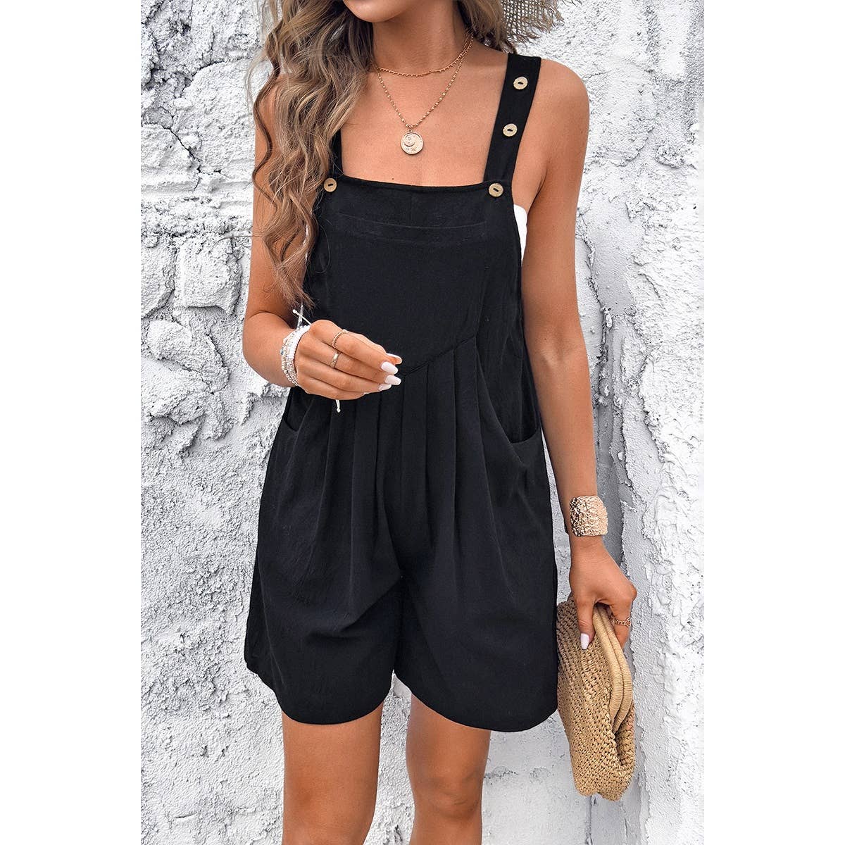 Square Neck Pockets Button Trim Ruched Romper | Romper - Women's | F, Jumpsuit and Romper, new arrival, romper | Elings