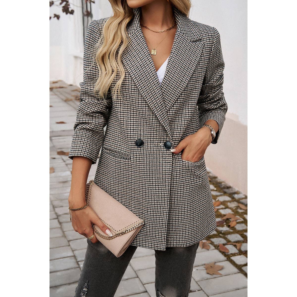 Pocket Houndstooth Button Lapel Neck Blazer Jacket | Coat - Women's | Coat, F, Jacket, new arrival, shoppe247 | Elings