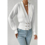 Deep V Double Breasted Pearl Beaded Decor Sweater