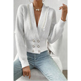 Deep V Double Breasted Pearl Beaded Decor Sweater