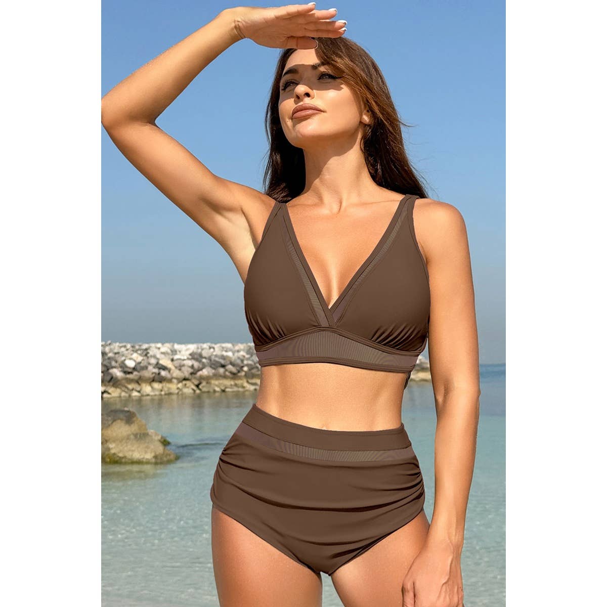 Deep V Lace Trim Two Pieces Sleeveless Swimsuit