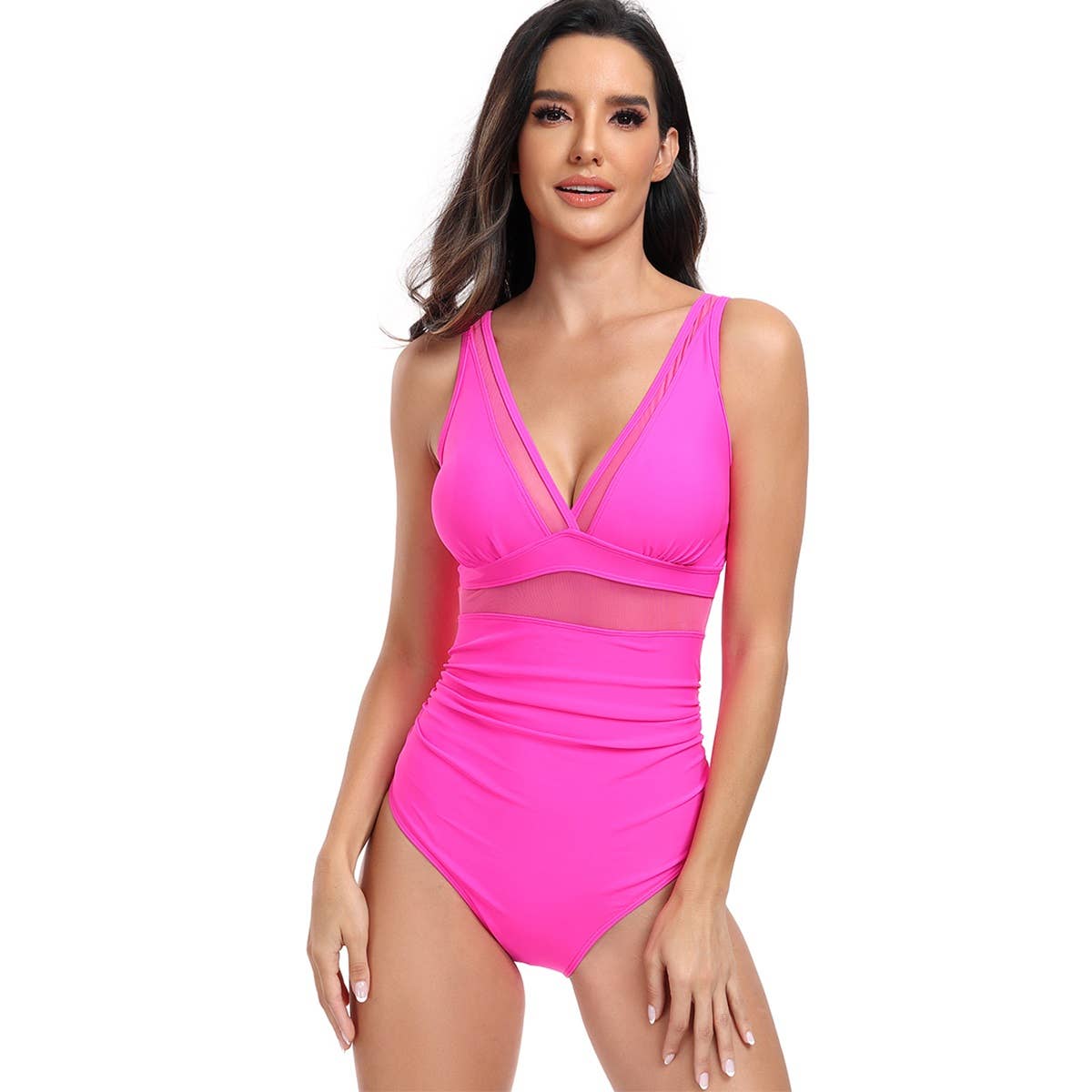 Deep V Neck One Piece Lace Trim Sleeveless Swimsuit