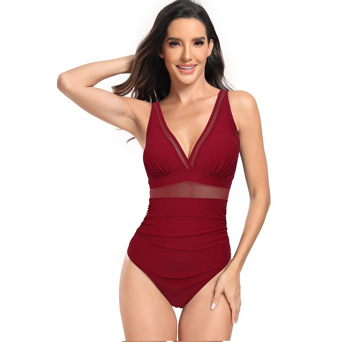 Deep V Neck One Piece Lace Trim Sleeveless Swimsuit