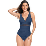 Deep V Neck One Piece Lace Trim Sleeveless Swimsuit