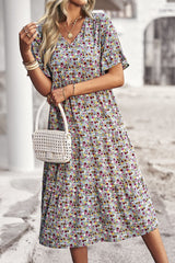 Floral Print Fit Ruffle Sleeve Midi Dress