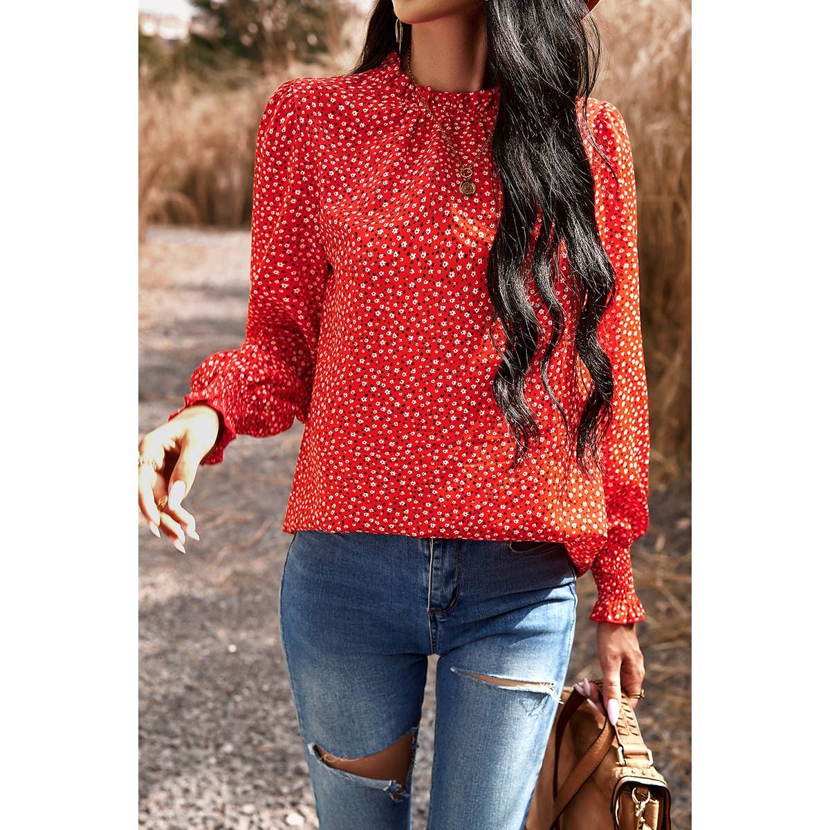 Ditsy Floral Ruffle Trim Mock Neck Blouse - Elings