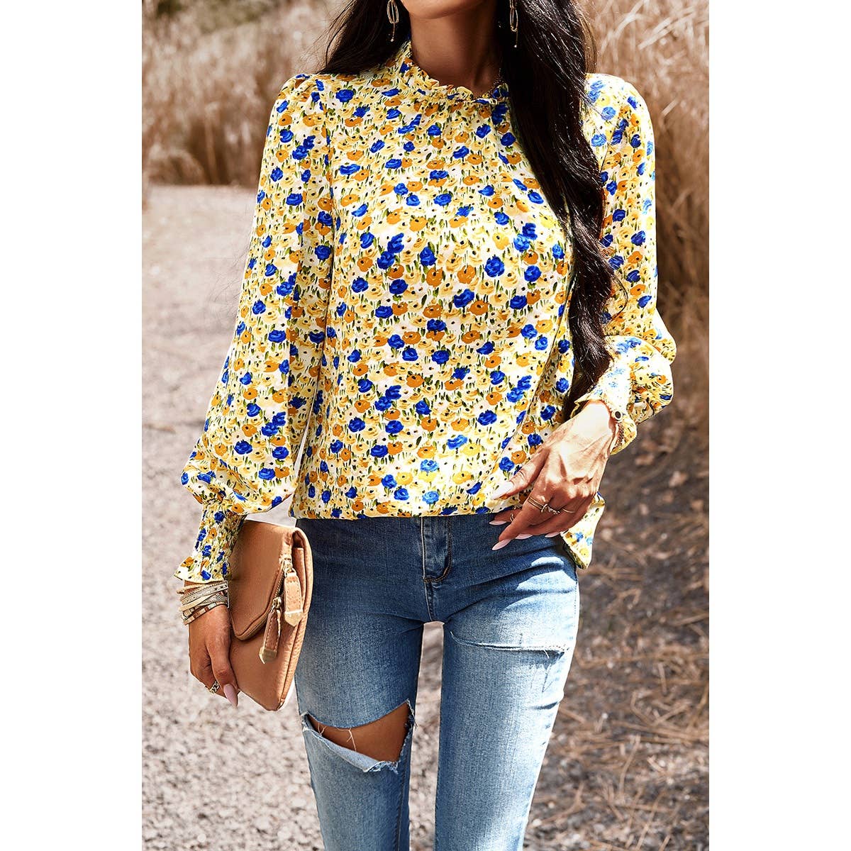 Ditsy Floral Ruffle Trim Mock Neck Blouse | Blouse - Women's | F, floral, Long Sleeve, long sleeve top, new arrival, S, shoppe247, Top | Elings