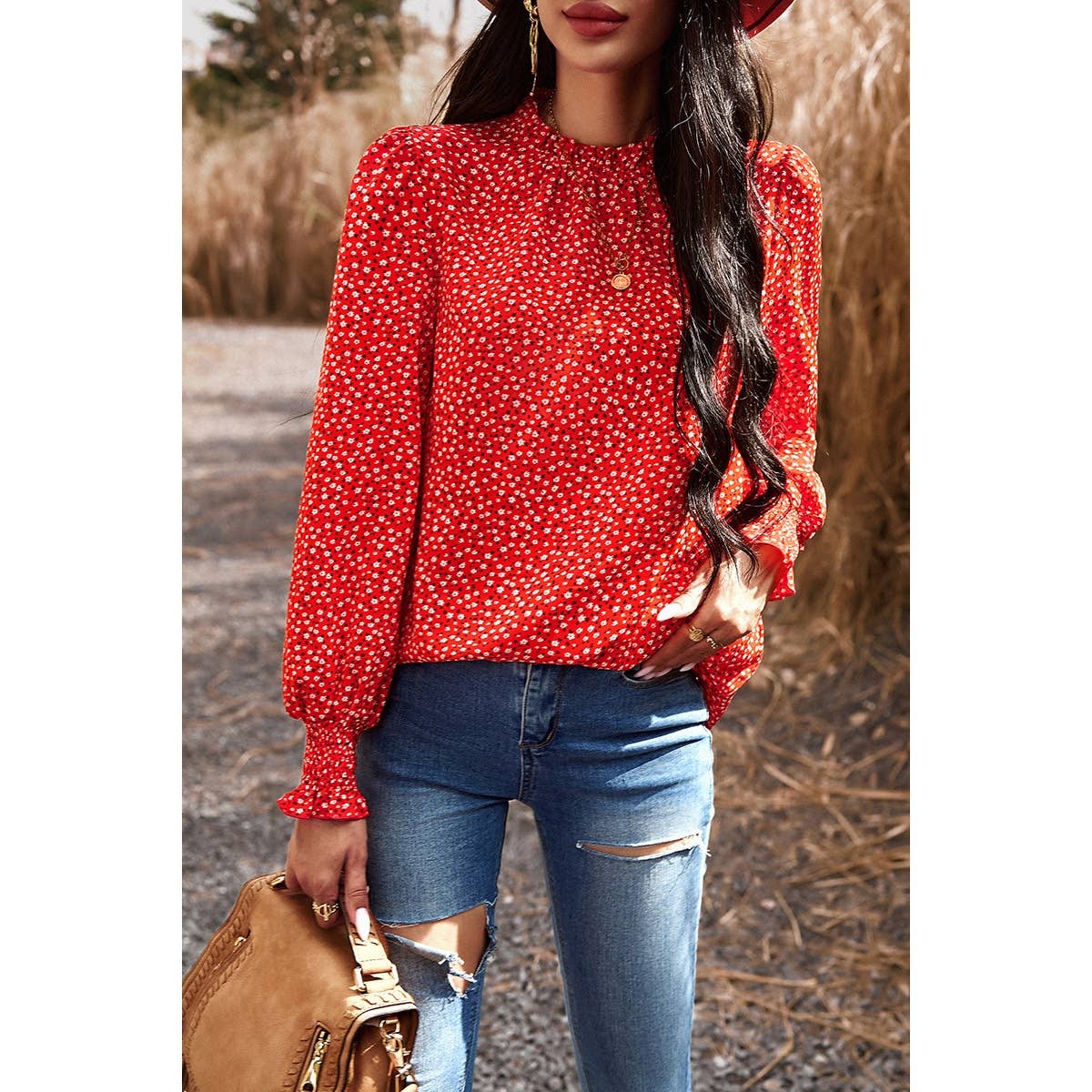 Ditsy Floral Ruffle Trim Mock Neck Blouse - Elings