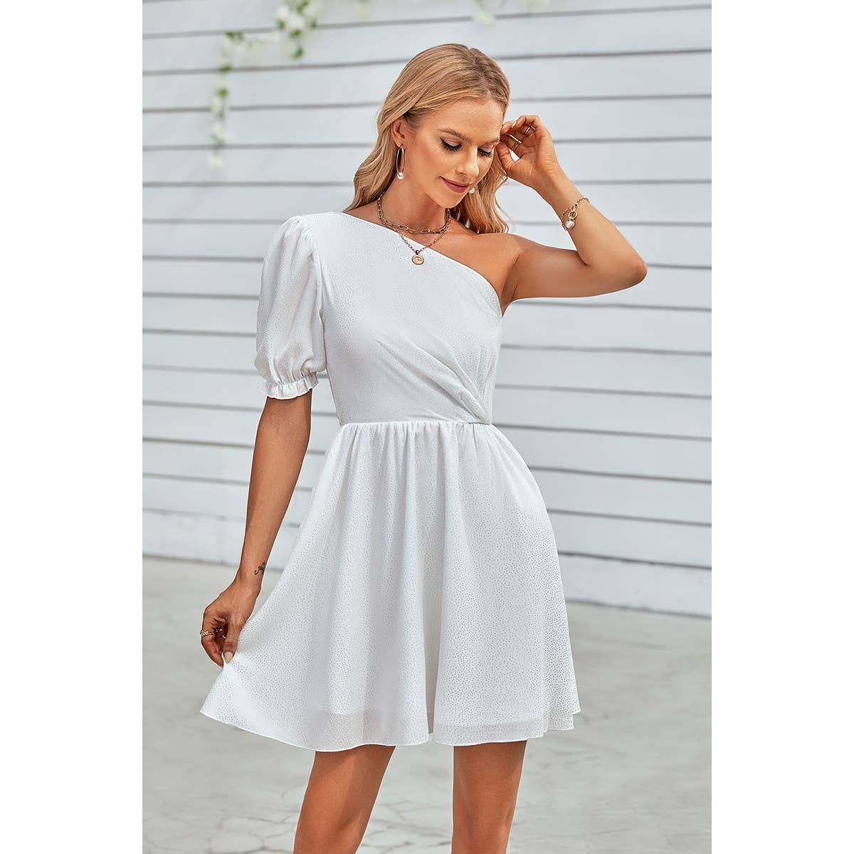 Dot Solid Puff Sleeve One Shoulder Midi Dress - ELINGS