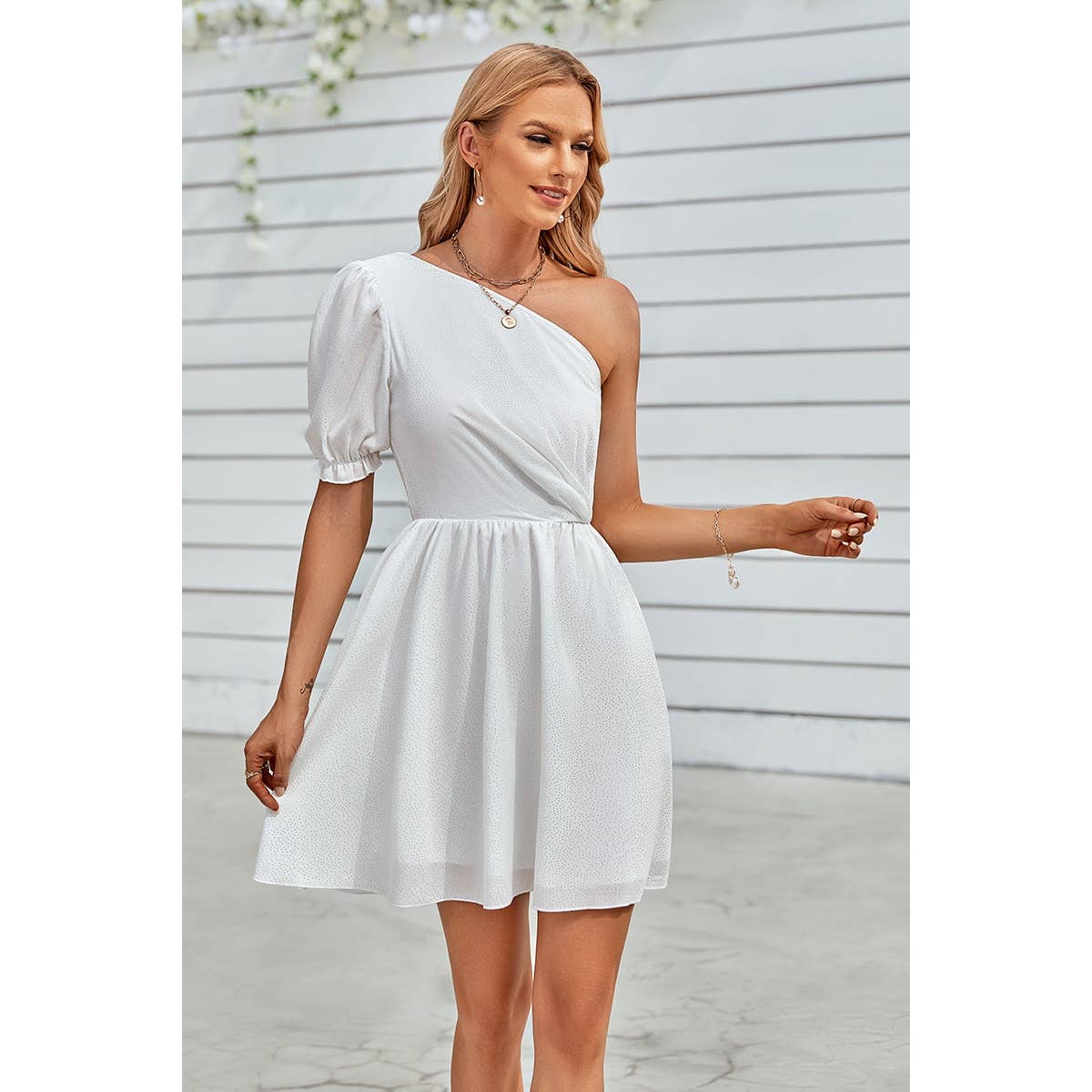 Dot Solid Puff Sleeve One Shoulder Midi Dress - ELINGS