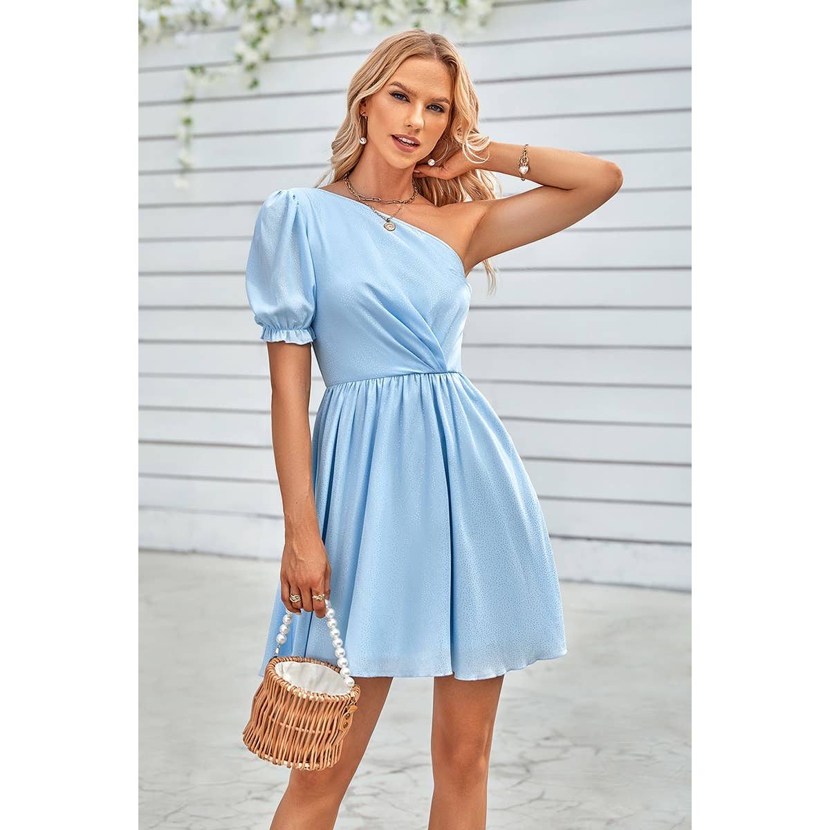 Dot Solid Puff Sleeve One Shoulder Midi Dress - ELINGS