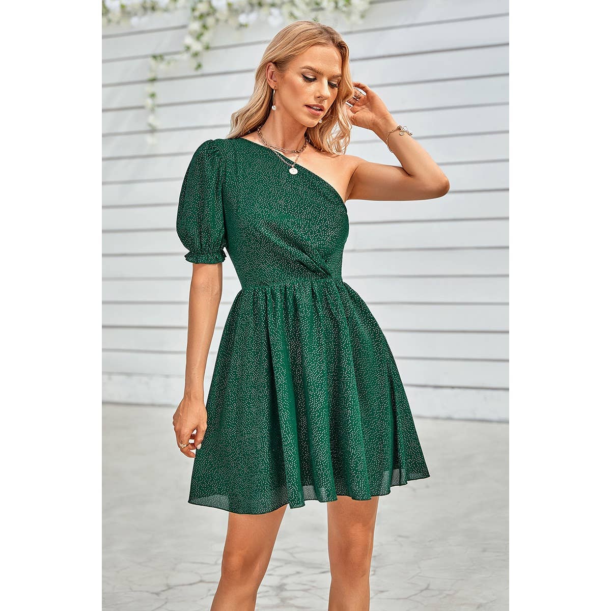 Dot Solid Puff Sleeve One Shoulder Midi Dress - ELINGS