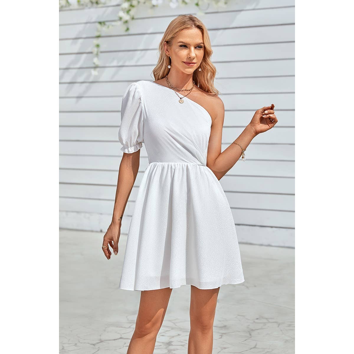 Dot Solid Puff Sleeve One Shoulder Midi Dress - ELINGS