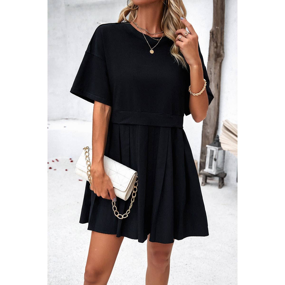 Drop Shoulder Solid Ruched Patchwork Dress