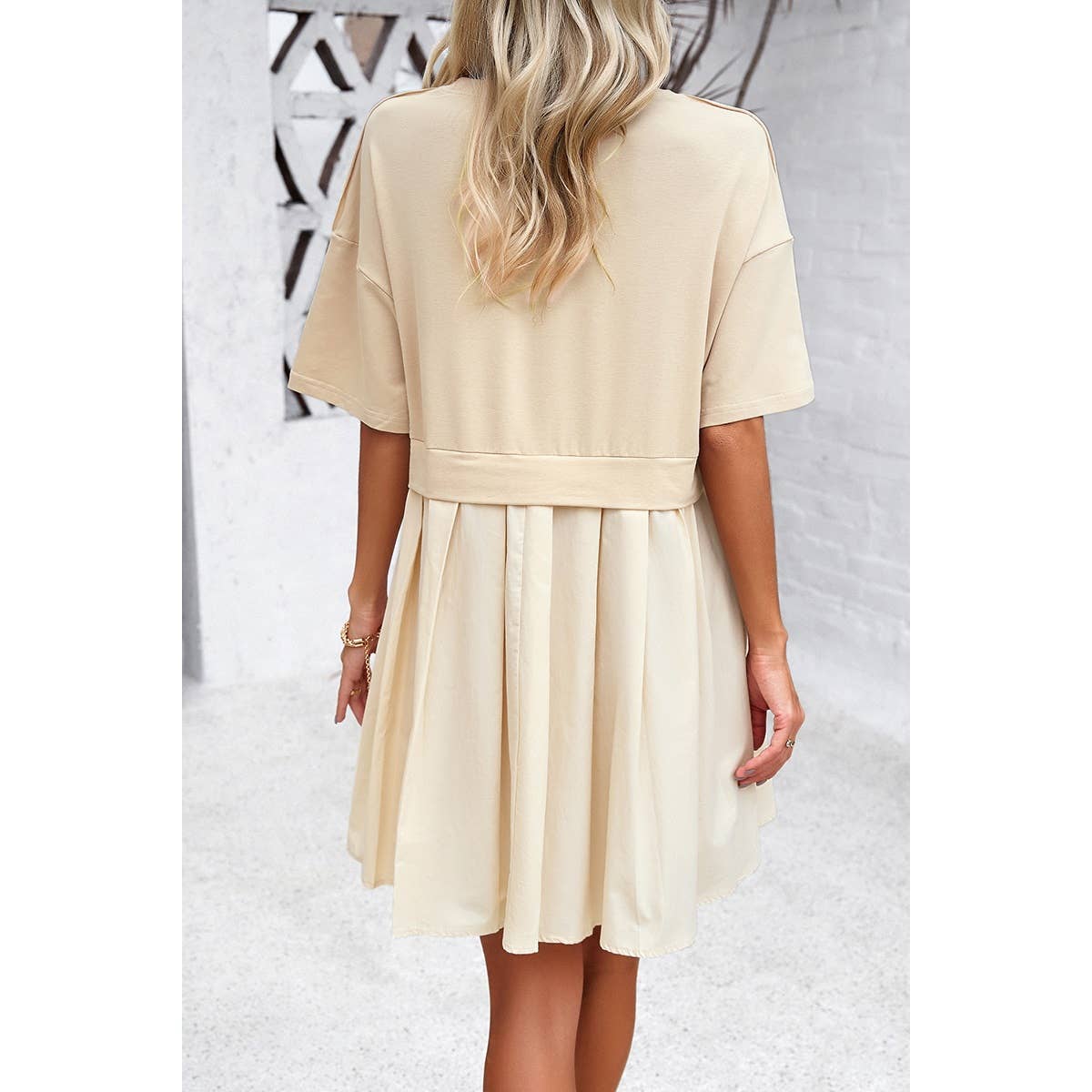 Drop Shoulder Solid Ruched Patchwork Dress