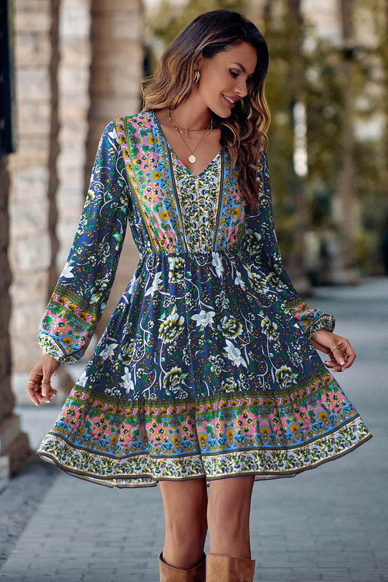 Dropship Floral Print Ruffle Hem Dress; Boho Holiday Long Sleeve V-neck  Dress; Women's Clothing to Sell Online at a Lower Price