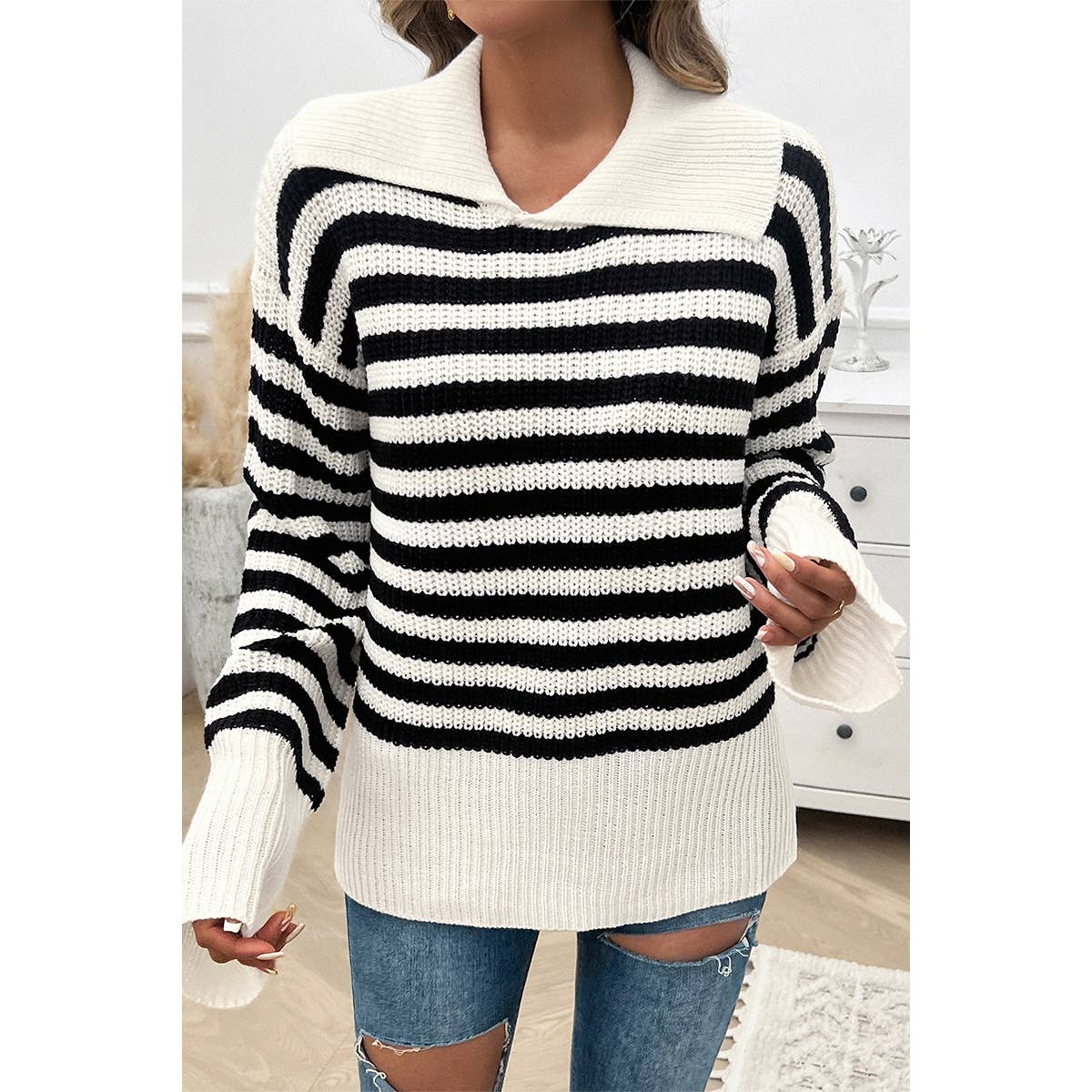 Striped Knit Pattern Loose Raglan Sleeve Sweater | Knit Sweater - Women's | F, long sleeve top, new arrival, shoppe247, SWEATER, Sweaters, Top | Elings