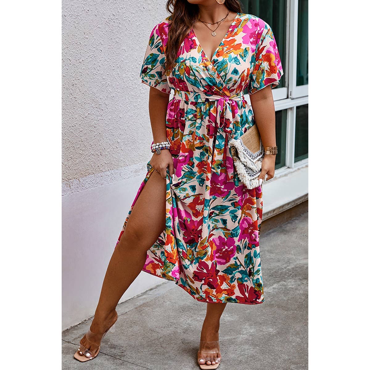 Plus Size Floral Print Cross Belt Fit Dress | Dress - Women's | F, new arrival, plus, plus dress | Elings