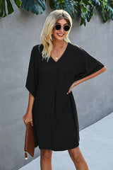 Vneck Dolman Sleeves Pleat Front Shift Dress