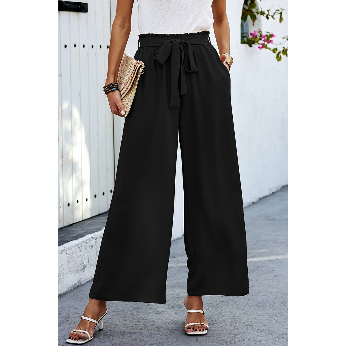 Elastic Waist Belt Pockets Wide Leg Pant