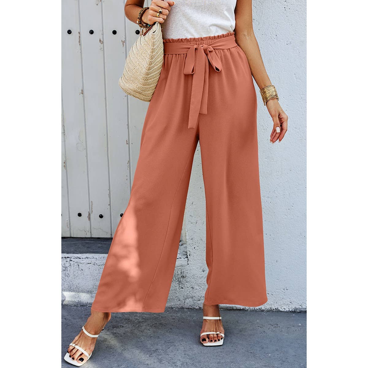 Elastic Waist Belt Pockets Wide Leg Pant