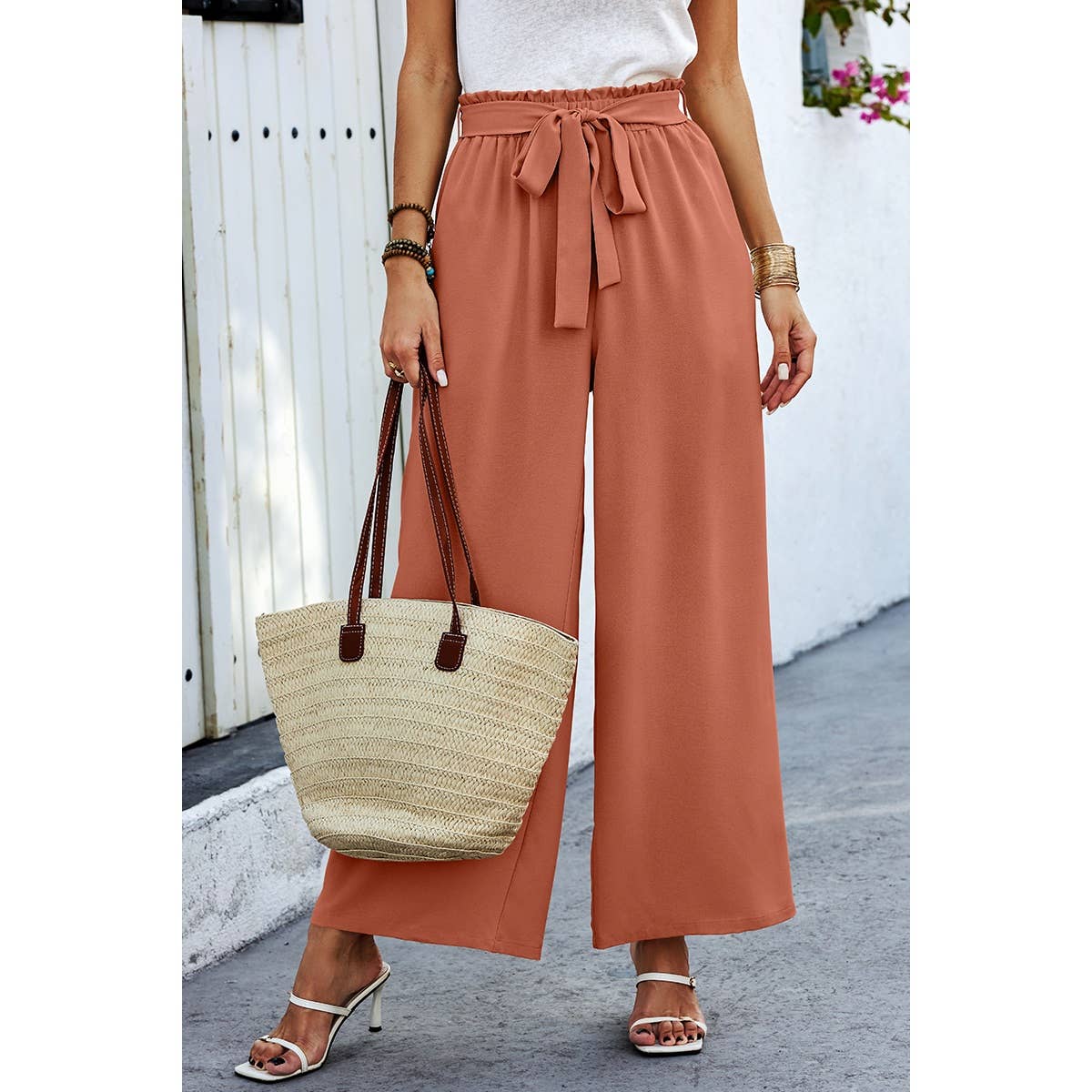 Elastic Waist Belt Pockets Wide Leg Pant